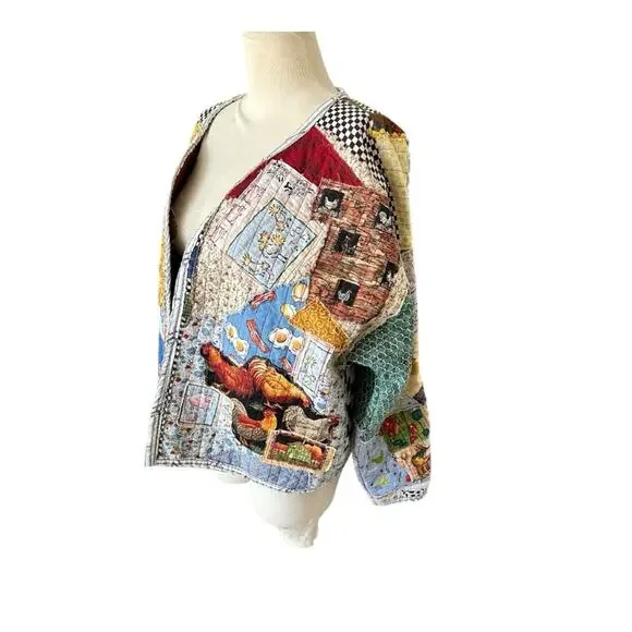 Vintage checkered oversized Cottagecore  Farm themed patchwork quilt coat L/XL - Picture 3 of 10